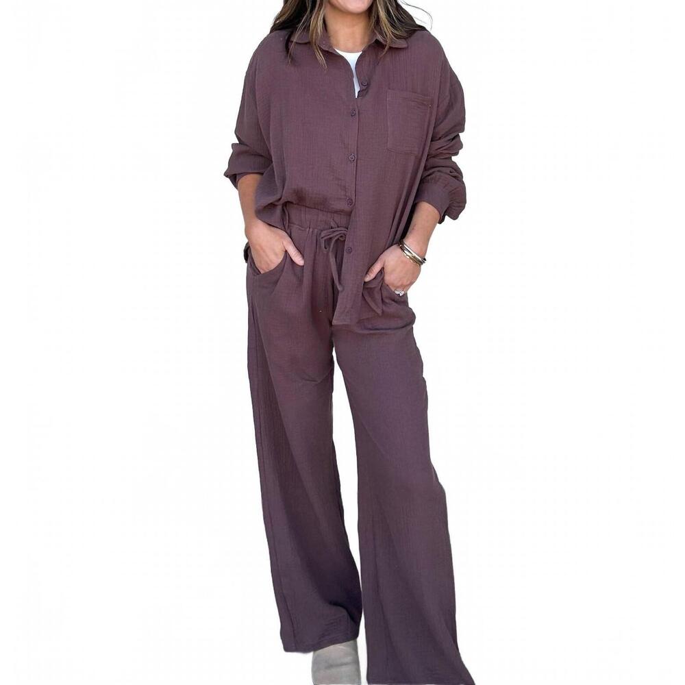 NEW TREND:NOTES textured shirt and pant set in brown